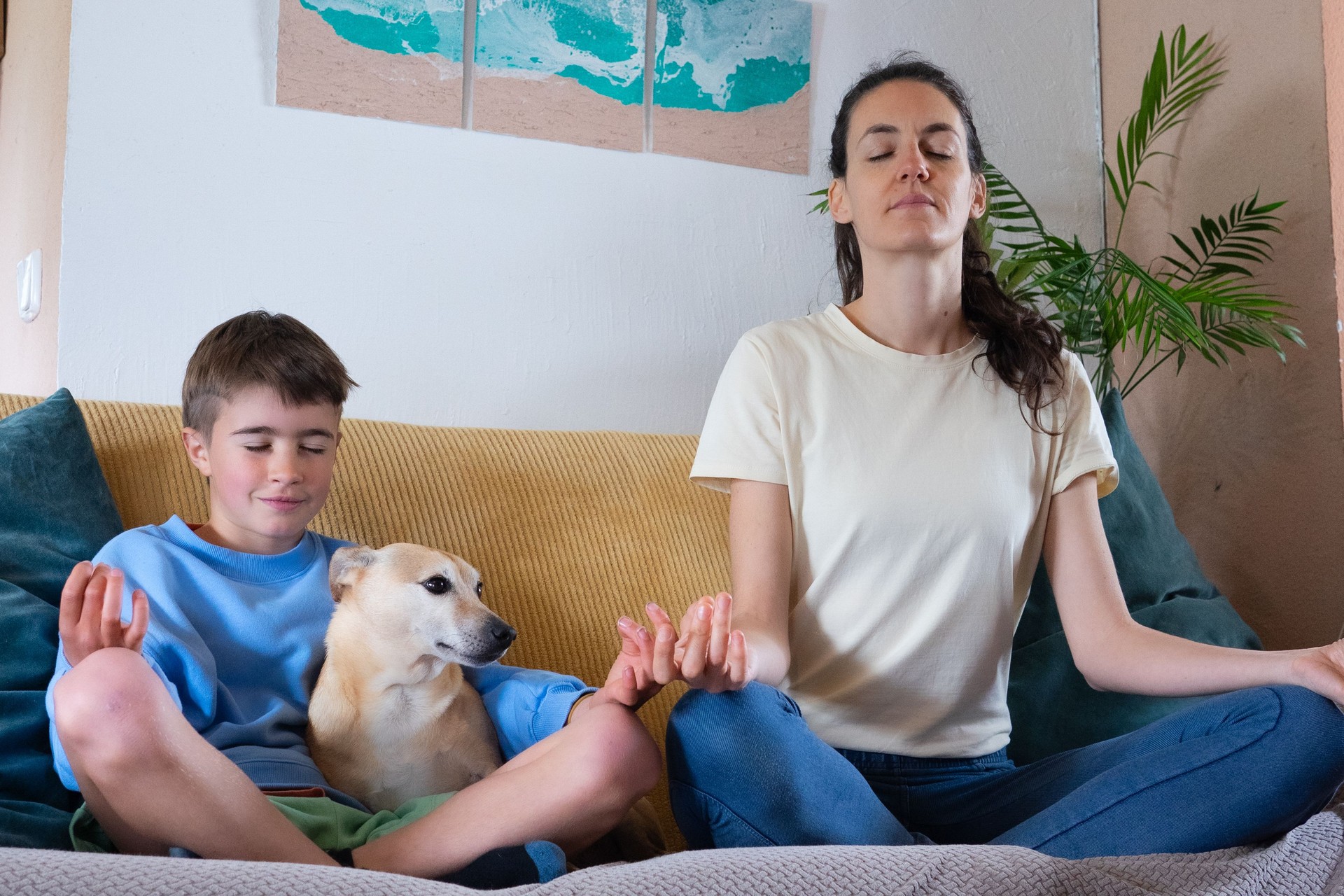 Mother and son meditating with dog on sofa at home: promoting mindfulness and family bonding