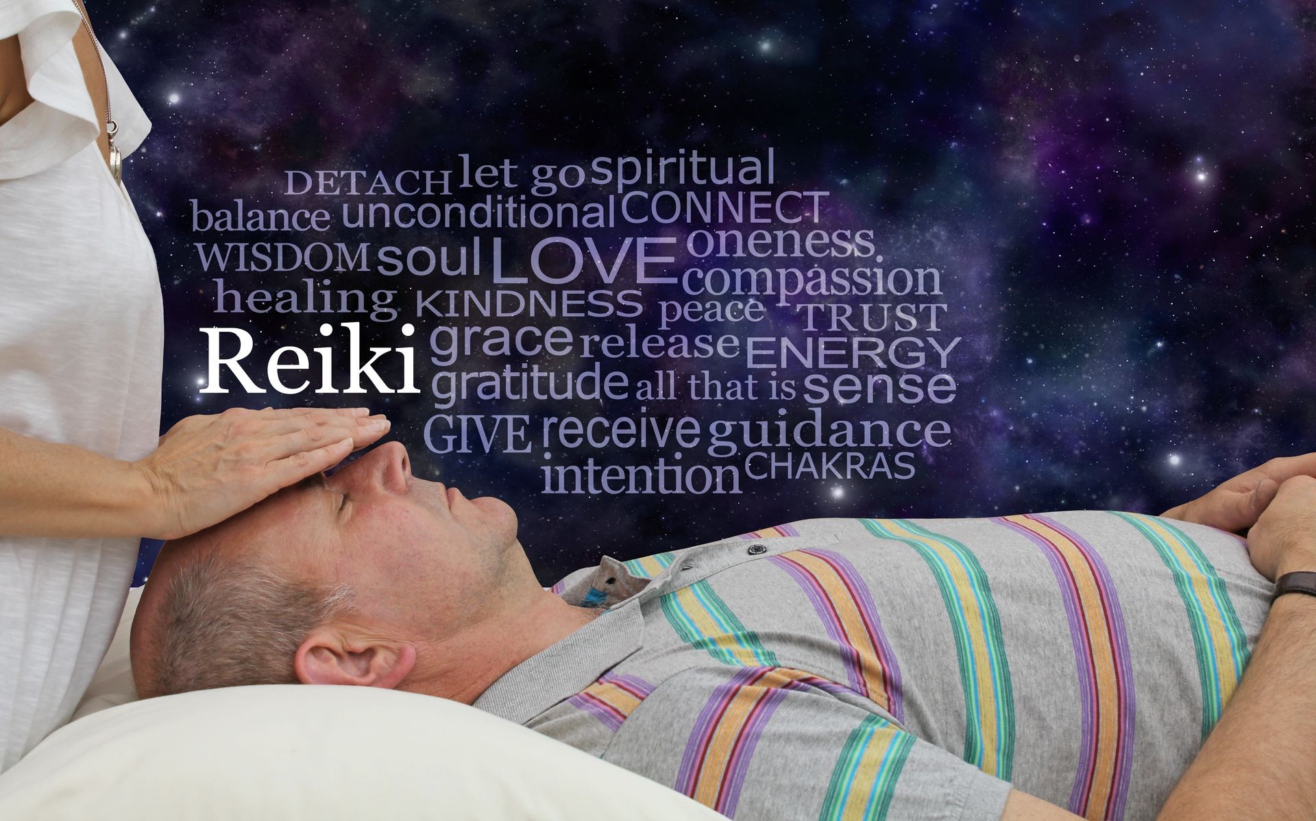 Reiki hands above clients head, Reiki healing words above clients body